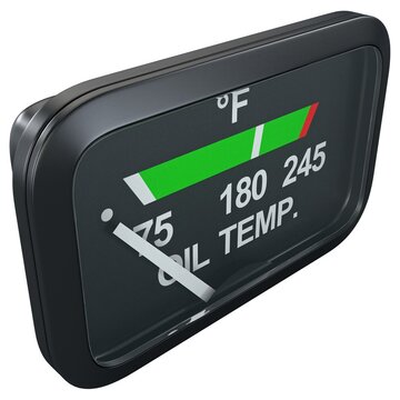 Aircraft oil temperature gauge with OIL TEMP. text and Fahrenheit scale, isolated on a white background. 3D render image.
