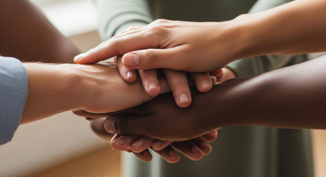 Diverse hands stacked together, unity and teamwork concept
