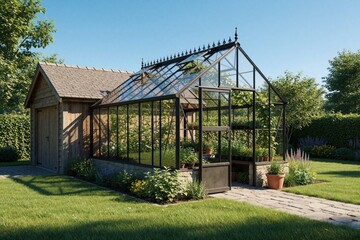 Naklejka premium Glass greenhouse with plants sits next to wooden shed in sunny garden. Rich green grass, stone path, blue sky overhead. Backyard botanical structure thrives.