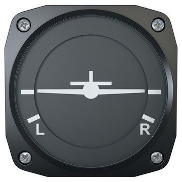 Aircraft turn coordinator gauge with L and R markings, isolated on a white background. 3D render image.