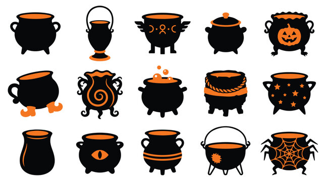 Set of various black witch cauldrons for halloween celebration featuring magical pots for potions and spooky holiday decorations
