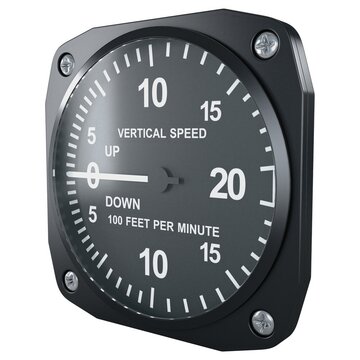 Aircraft vertical speed indicator gauge in angled perspective view, isolated on a white background. 3D render image.