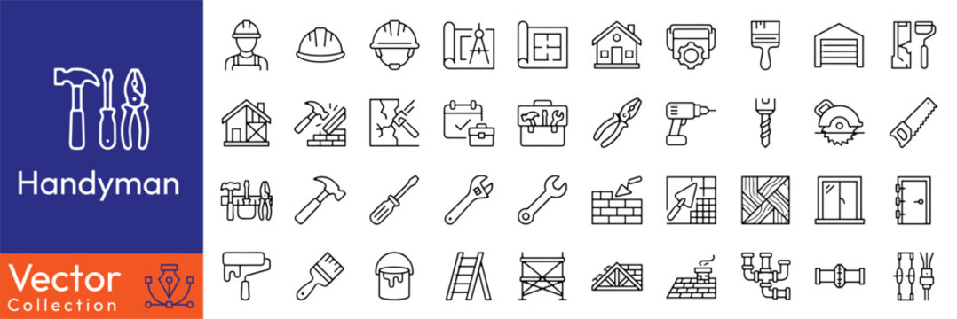  Handyman web icons in line style. Maintenance, plumbing, electrical, consultation, cleaning, installation , repair, collection. Editable stroke. Vector illustration. 