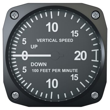 Aircraft vertical speed indicator gauge in angled perspective view, isolated on a white background. 3D render image.