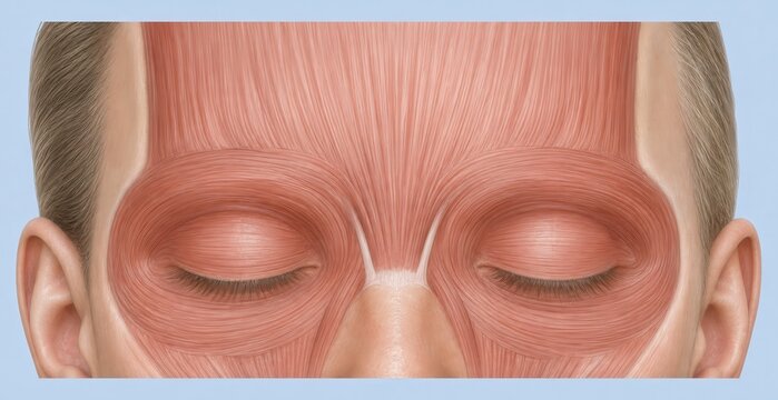 Forehead and eye muscles shown across upper face