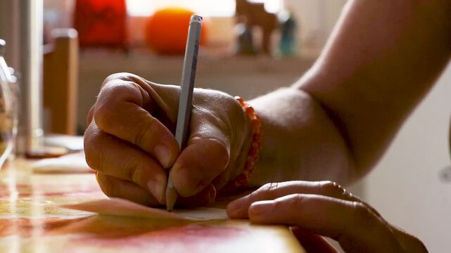 Closeup of hands writing a shopping list with a pencil on a small paper note at a kitchen table. 
