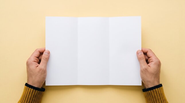 Hands holding a blank tri-fold brochure. Empty paper template for marketing design.