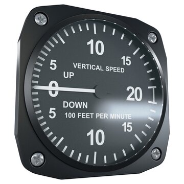 Aircraft vertical speed indicator gauge in angled perspective view, isolated on a white background. 3D render image.