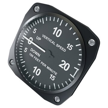 Aircraft vertical speed indicator gauge in angled perspective view, isolated on a white background. 3D render image.