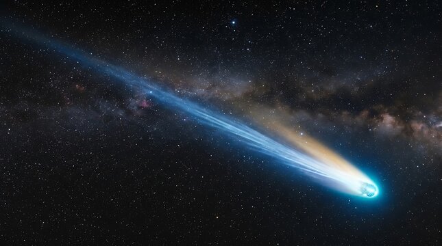 Bright comet streak across deep space galaxy background with science fiction