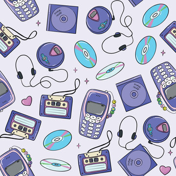 Cute Y2K seamless pattern perfect for fabric, stationery, wrapping paper, and digital backgrounds featuring retro cassette tapes, flip CD players, vintage mobile phone, CDs, headphones. EPS 10