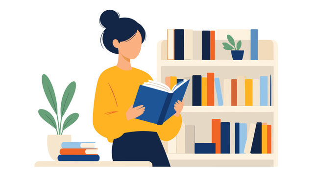 Woman Reading a Book in a Library Setting.