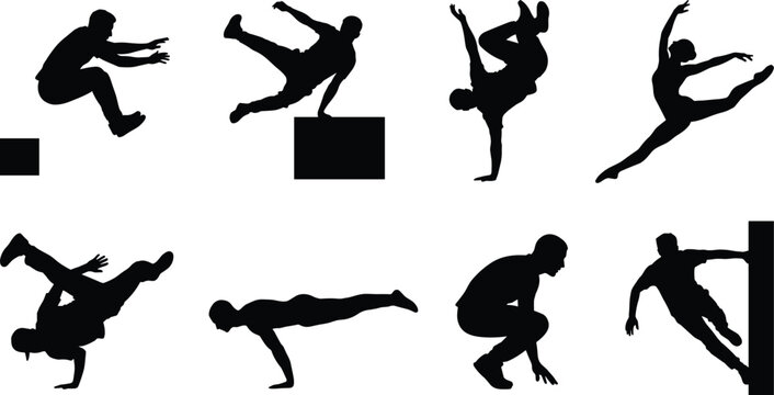Parkour Athletes and Gymnasts Silhouettes Set Featuring Extreme Jumping Vaulting and Acrobatic Poses