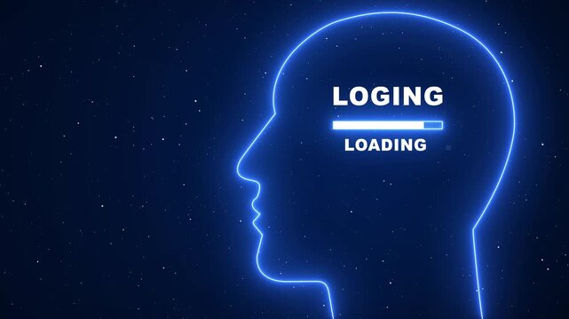 Neon human head silhouette with progress loading bar, digital mind and artificial intelligence concept animation.