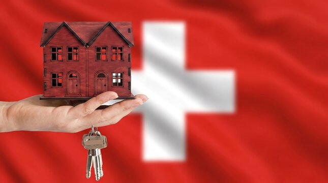 Hand holding a house model with keys. Swiss real estate investment and property concept.