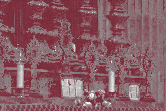 half tone vintage print of cross in the church and candles 