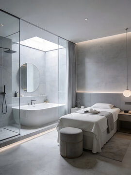 Oriental Zen Private Hot Spring Bath Guest Room Multi-functional Space Rendering Floor-to-ceiling Window Mountain View Spa Beauty Salon Marketing Background
