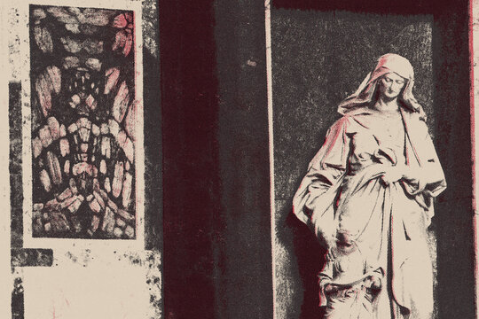 halfo tone vintage print of  catholic statue in marble of saint and marie and jesus