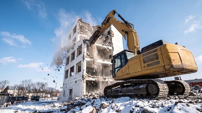 Excavator demolishing an old building. Heavy machinery tearing down a concrete structure.