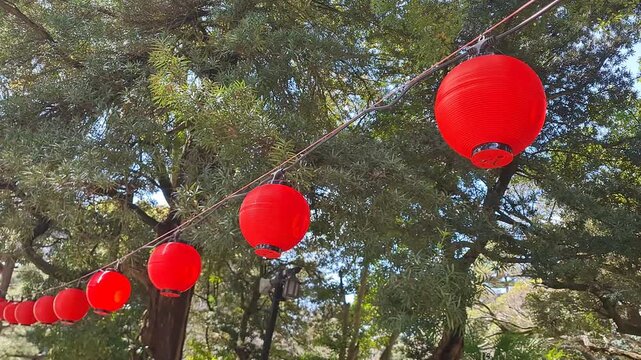 A row of vibrant red traditional Japanese paper lanterns hanging on a wire among lush green trees in a sunny outdoor park.