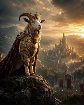 The symbolic G.O.A.T. wearing a royal golden crown and ornate armor, standing confidently on a rocky cliff overlooking a vast kingdom