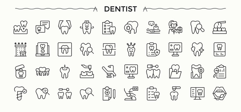 Dentistry icon set. Minimal icons pack. Medical icon set. Includes symbols for teeth, health, doctor, dental, clinic and more.