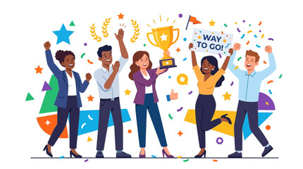 Fototapeta premium Team celebrating victory with trophy and confetti, award win, success, achievement, motivation