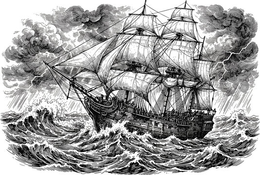 Vintage black and white engraving style pirate ship sailing in stormy sea waves vector illustration isolated on white background for marine designs