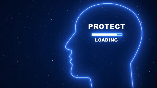 Cyber security concept: neon human head silhouette with protect loading progress bar animation for digital privacy and data protection.