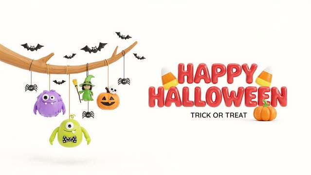 Happy Halloween greeting card design. Festive holiday banner with cute spooky decorations.