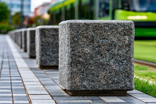 Granite block bollards protecting a green lawn along a paved city walkway in a clean 3d illustration for urban infrastructure marketing