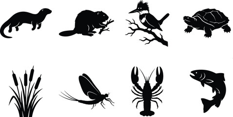 Set of black silhouette freshwater animals and wetland nature elements for wildlife conservation design © MISBIJLY