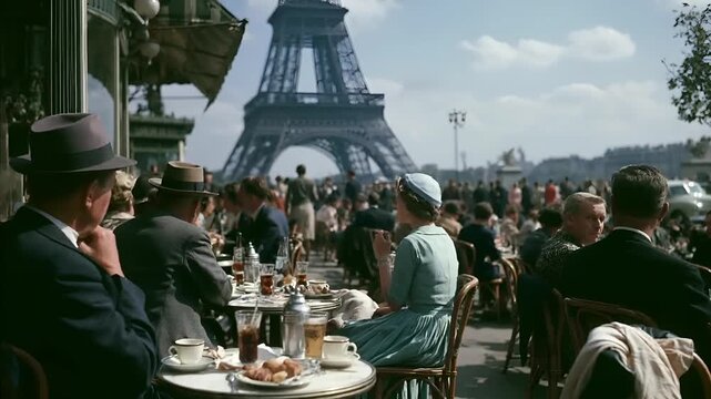 Paris, France, Europe. A vintagestyle photograph captures a bustling outdoor cafe scene in Paris, France. The Eiffel Tower stands tall in the background, its iconic lattice structure clearly visible.