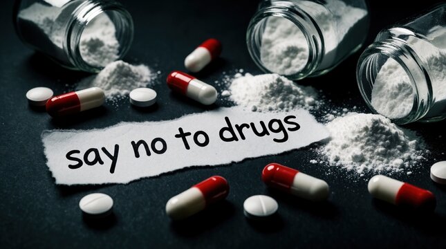 White paper torn with ay no to drugs message surrounded by scattered pills capsules and white powder from glass jars. Dark background symbolizes danger and addiction risk.