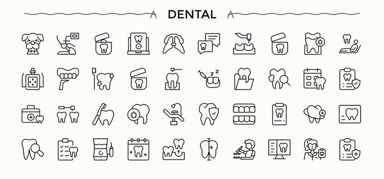 Dental icon set. Tooth icon set. Line symbol and sign. Contain linear sign hospital, medical, oral, dentist, doctor, clinic, tooth and more. Pictogram and infographic.