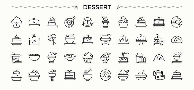 Dessert linear icon set. Sweet icon set. Thin line icons set. Includes thin line symbols pie, pastry, sweet, food, confectionery, cream. Vector artwork and illustration.