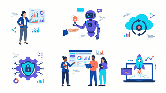 Business technology vector set with AI innovation, cybersecurity shield, data analytics dashboard, cloud computing, and startup rocket