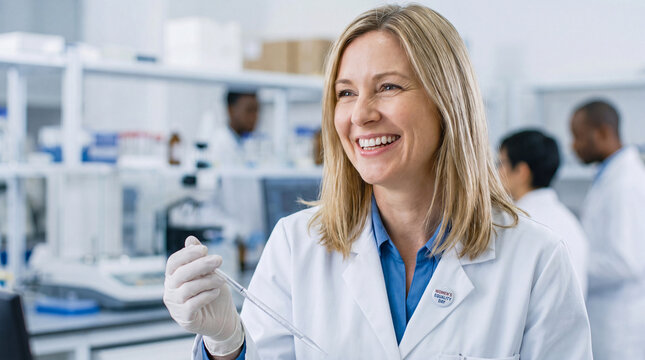 Women's Equality Day portrays a smiling woman scientist holding a pipette in a research lab for science outreach and education