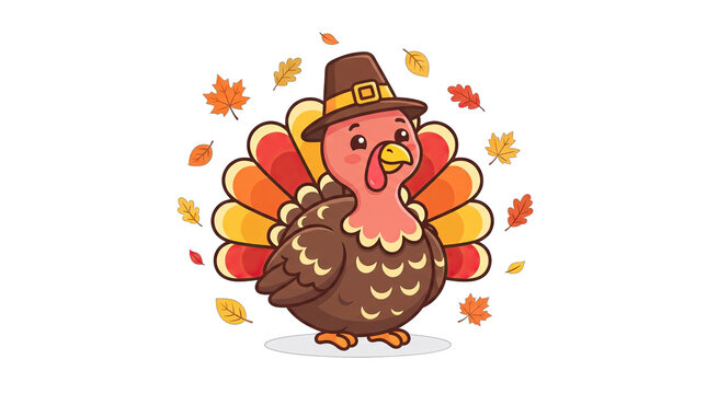 Cute cartoon thanksgiving turkey wearing a pilgrim hat isolated on transparent background