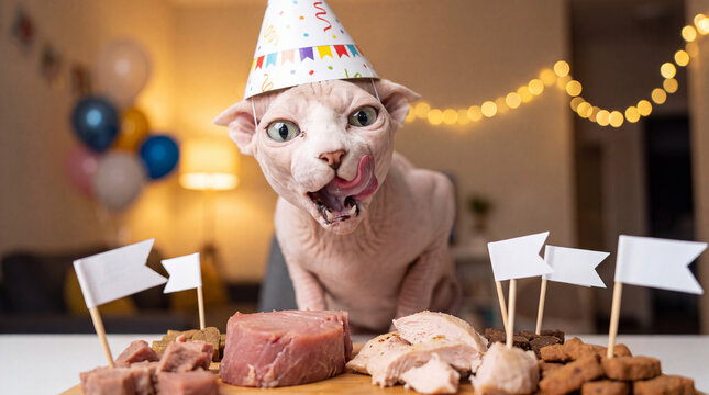 A Sphynx cat wearing a party hat licks its mouth over treats and blank flags with a warm blurred party background for International Cat Day promotional content