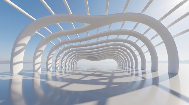 Minimalist Parametric Architecture Pavilion with White Curved Arch Columns and Soft Sunlight Shadows