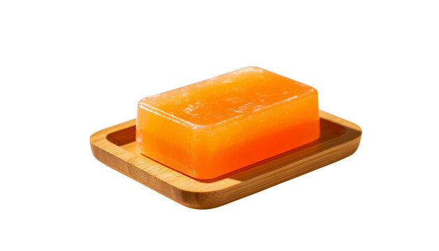 Natural Glycerin Soap Bar with Orange Slices on Wood Holder, Cut Out PNG Element for Beauty Advertising and Mockup..