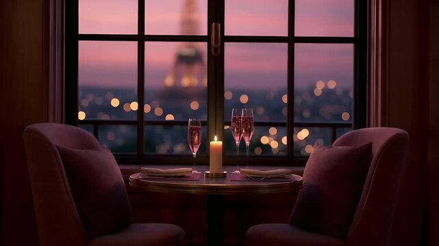 Paris, France, Europe. A vivid, romantic scene set in a luxurious room with a panoramic window overlooking a cityscape at twilight. The room features a round table with two glasses of sparkling wine.