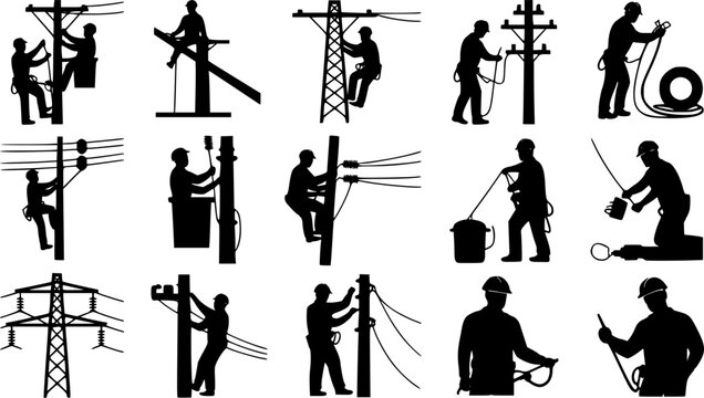 Electrical lineworker and utility pole repair technician icon set featuring linemen climbing wooden poles, high voltage transmission tower pylon, bucket truck lift, cable installation, and electrical 