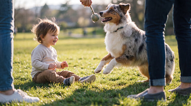 National Dog Day embodies an Australian Shepherd sharing excitement with a toddler on sunny grass for editorial lifestyle spreads