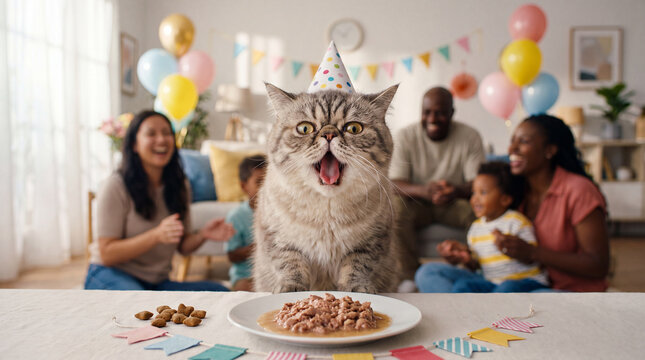 An Exotic Shorthair cat in a party hat yawns over treats and blank flags with a cheerful blurred family behind for International Cat Day marketing content