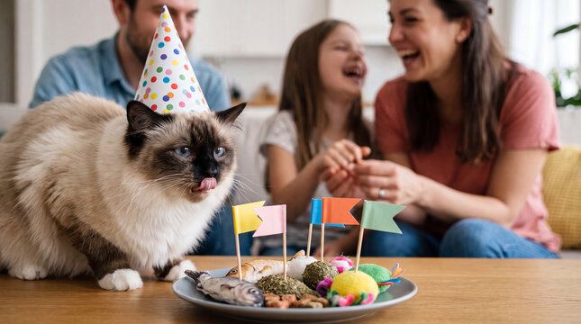 A Birman cat wearing a party hat sticks its tongue out near treats and blank flags with a joyful blurred family behind for International Cat Day marketing content
