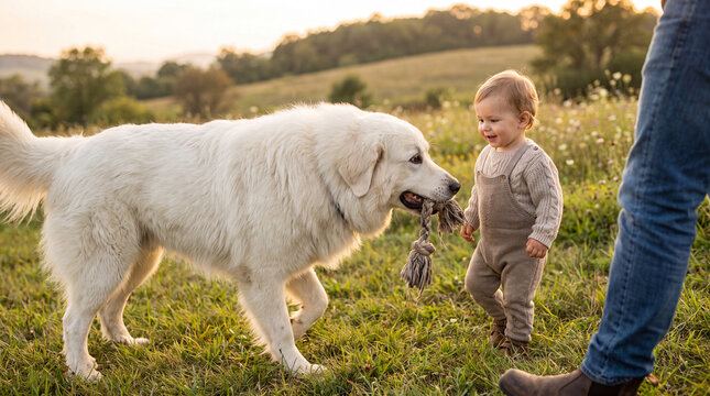 National Dog Day expresses a Great Pyrenees bringing calm to a toddler on sunny grass for outdoor lifestyle branding