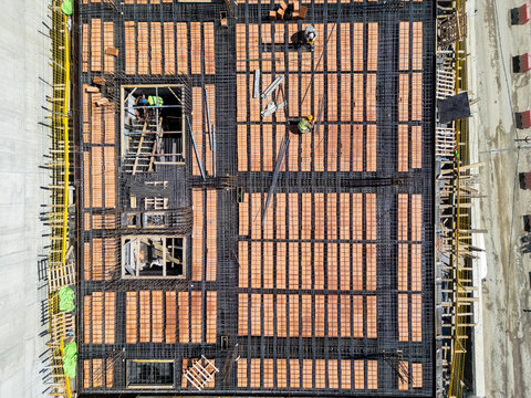 Aerial Birds Eye View of Ribbed Slab and Steel Rebar Grid
