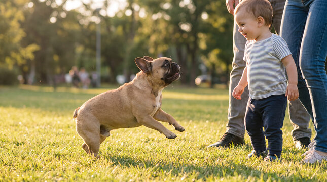 National Dog Day honors a French Bulldog spreading delight with a toddler on sunny grass for brand storytelling content